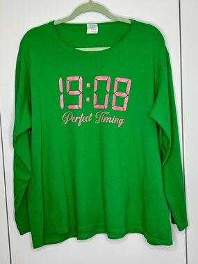 Alpha Kappa Alpha Green Long Sleeve Tee with Pink "19:08 Perfect Timing" Graphic